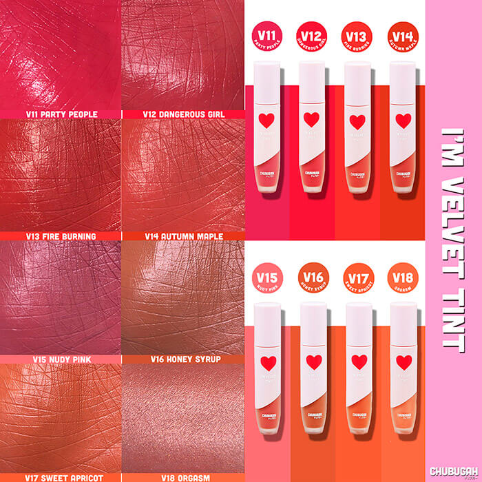  Chubugah , I'm velvet Tint (V11) , ลิปเนื้อกำมะหยี่ข้น ,  เม็ดสีแน่น , กลบสีปากเดิมสนิท , บางเบา , ชุ่มชื่น