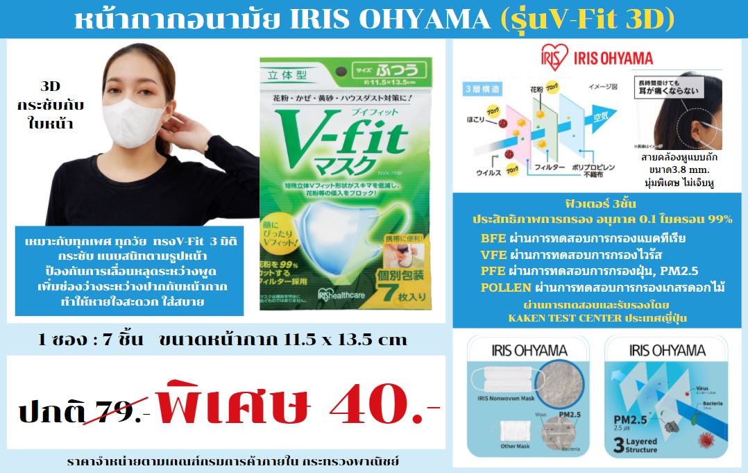 IRIS OHYAMA Face Mask V-FIT 3D  ประสิทธิภาพแผ่นกรองหนา 3 ชั้น ช่วยป้องกันเชื้อโรค ไวรัสและฝุ่นละออง PM 2.5 ได้ถึง 99% สายคล้องหูแบบถัก ขนาด 3.8 ซม. นุ่มไม่เจ็บหู