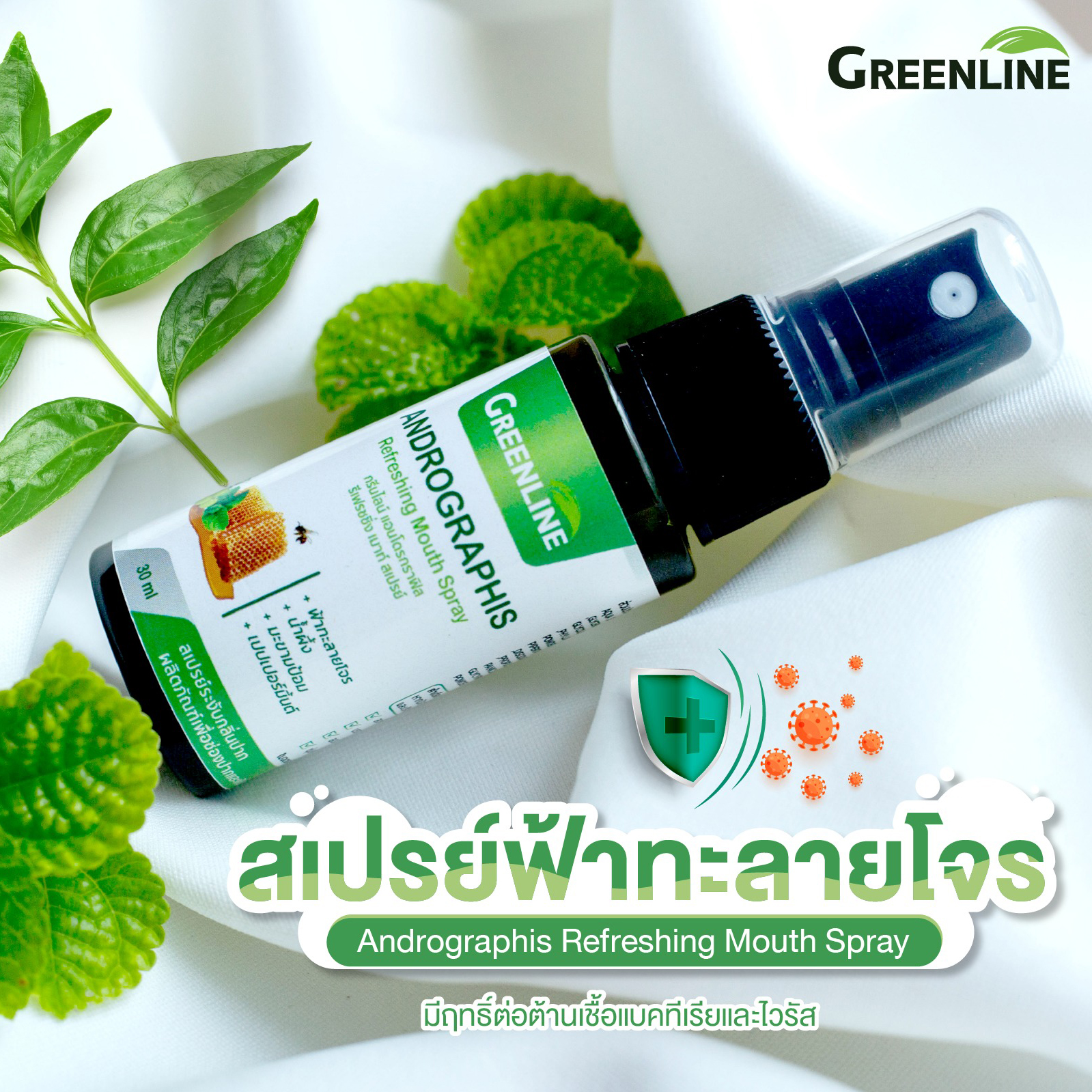 Greenline Andrographis Refreshing Mouth Spray 30 ml สเปรย์ฟ้าทะลายโจร มีฤทธิ์ต่อต้านเชื้อแบคทีเรียและไวรัส เพื่อความสดชื่นที่ยาวนานของช่องปาก