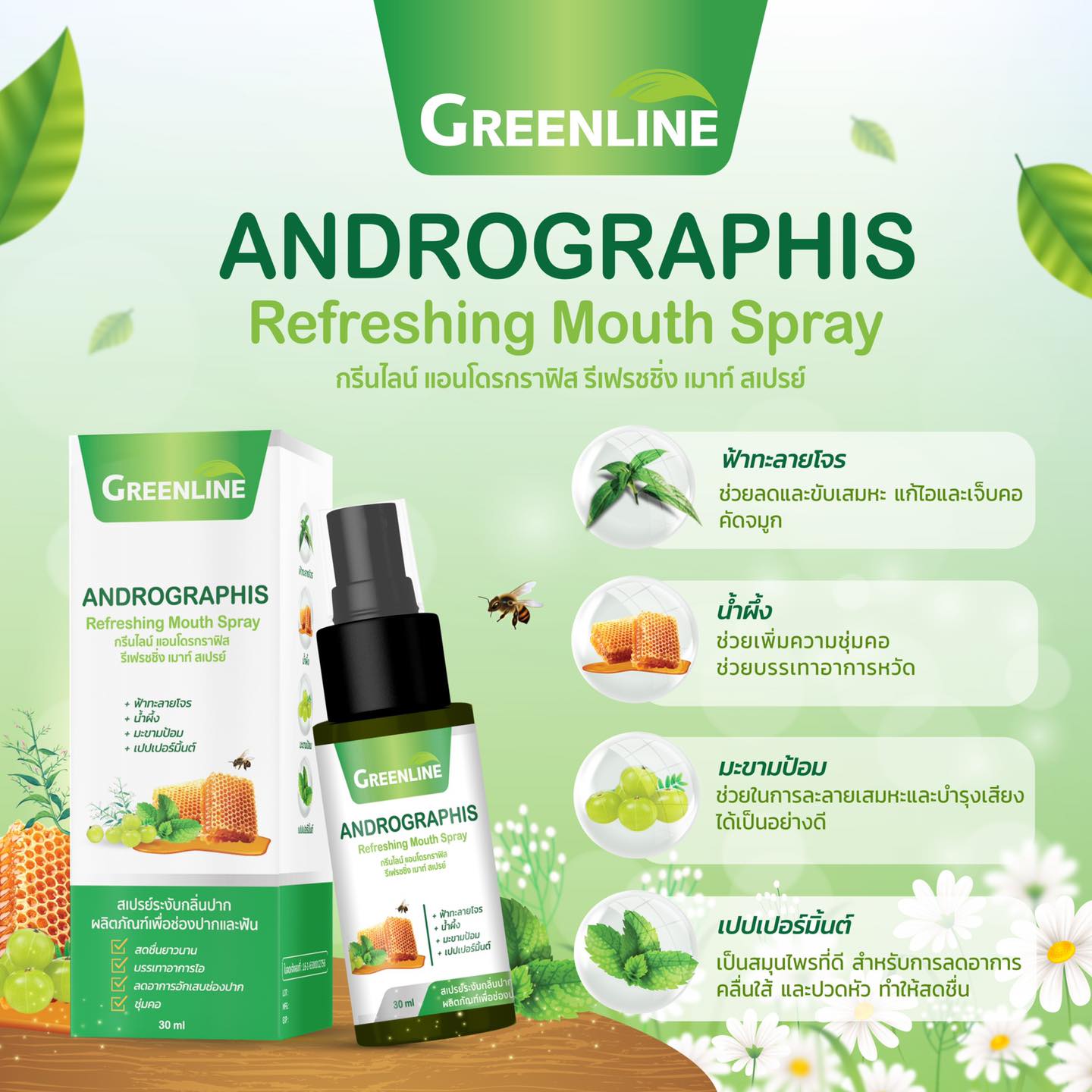 Greenline Andrographis Refreshing Mouth Spray 30 ml สเปรย์ฟ้าทะลายโจร มีฤทธิ์ต่อต้านเชื้อแบคทีเรียและไวรัส เพื่อความสดชื่นที่ยาวนานของช่องปาก
